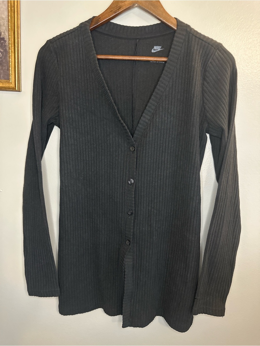 Nike Black Ribbed Button Front Cardigan Sweater Lightweight Athleisure Size S - Picture 3 of 7